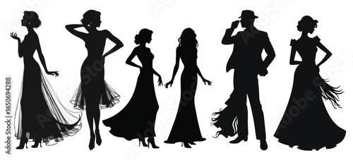 Vintage Hollywood Glamour Silhouette Set, Elegant retro star figures in classic fashion poses high resolution black vector design on white background perfect for posters logos prints and graphic use