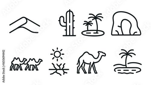 Desert Icon Set. Outline icon set of desert geography: sand dune, cactus, oasis, rock arch, caravan, arid zone