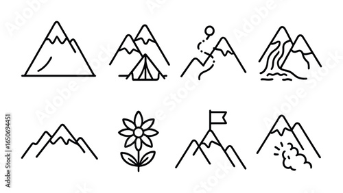 Mountain Icon Set. Outline icon set of mountain geography: snow peak, base camp, climbing path, glacier, ridge