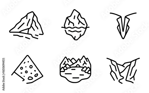 Glacial Geography Icons. Outline icon set of glacial geography: glacier, iceberg, crevasse, moraine, glacial