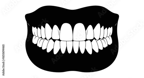 Illustration of a full set of teeth with black lips and gums in a dental diagram style image