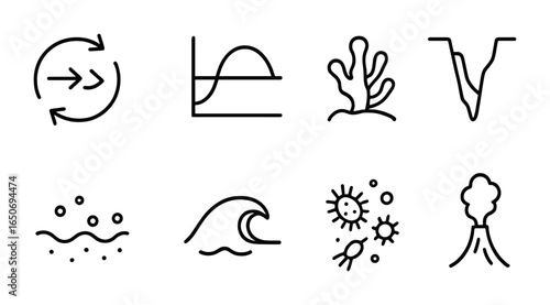 Oceanography Icon Set. Outline icon set of oceanography: ocean current, tide chart, coral reef, sea trench,