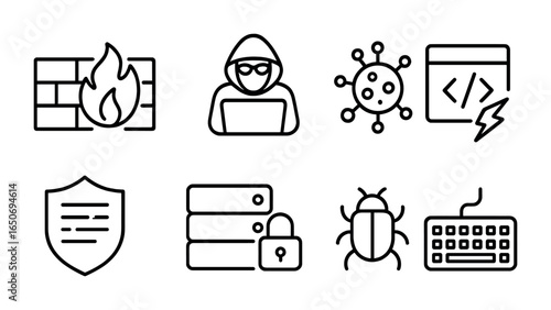 Cyber Warfare Icons. Outline icon set of cyber warfare: firewall, hacker, virus, code breach, data shield,
