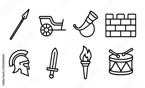 Ancient Warfare Icons. Outline icon set of ancient warfare: spear, chariot, war horn, stone wall, helmet,