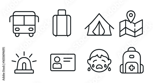 Evacuation Icons Set. Outline icon set of civilian evacuation: bus, suitcase, refugee tent, route map, warning