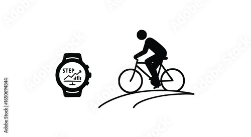 Concept of tracking athletic performance with a digital wearable device, featuring simple icons of a cyclist and a smartwatch step counter
