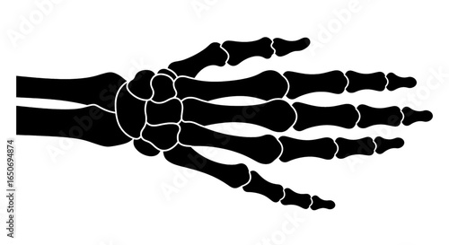 Illustration of a skeletal hand with bones and joints in black and white color scheme showing anatomy