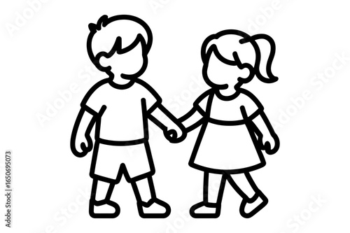 Outline illustration of a boy and girl holding hands standing next to each other in black and white