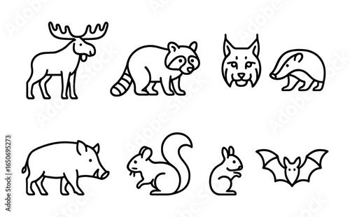Forest Mammals Icon Set. Outline icon set of forest mammals: moose, raccoon, lynx, badger, boar, mouse, red