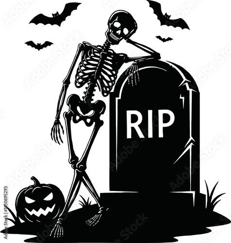 A spooky Halloween skeleton leaning against a tombstone with a jack-o'-lantern.