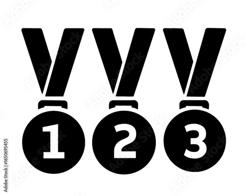 Silhouette of 1st 2nd and 3rd place medals, icon isolated on white background

