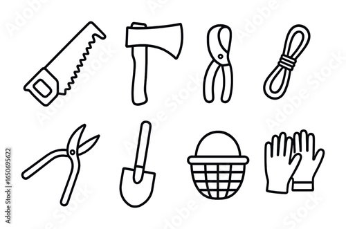 Woodland Tools Icons. Outline icon set of woodland tools: saw, axe, hatchet, rope, pruning shears, shovel,
