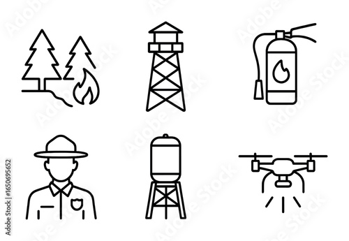 Forest Protection Icons. Outline icon set of forest protection measures: fire break, lookout tower, signpost,