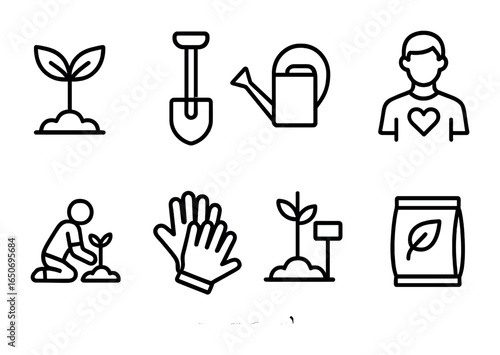 Forest Restoration Icons. Outline icon set of forest restoration: sapling, shovel, watering can, volunteer,
