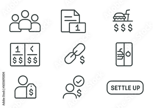 Split Payment Icons. Outline icon set of split payments: group icon, divide bill, equal share, custom split,