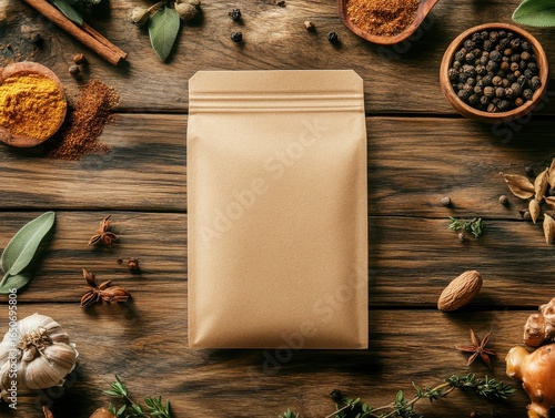 Brown spice packaging surrounded by various herbs and spices on wood  