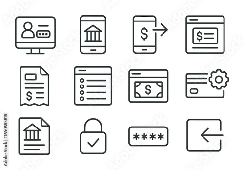 Internet Banking Icons. Outline icon set of internet banking: online login, bank app, mobile transfer, account