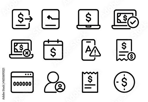 Online Transaction Icons. Outline icon set of online transactions: send money, receive payment, transaction