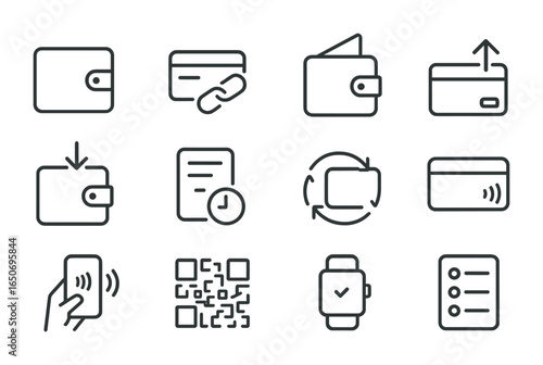 E-Wallet Icon Set. Outline icon set of e-wallet integration: wallet icon, link card, wallet balance, top-up,