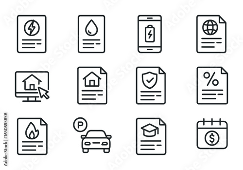 Online Payments Icons Set. Outline icon set of bill payments online: electricity bill, water bill, mobile