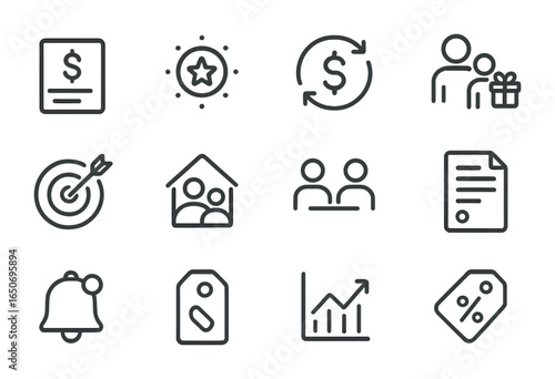 Banking Feature Icons. Outline icon set of personal banking features: salary credit, reward points, cash back