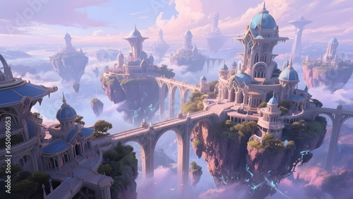 Fantasy Sky City with Floating Islands and Elaborate Architecture