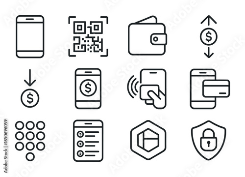 Digital Wallet Icon Set. Outline icon set of digital wallets: smartphone, QR code, wallet app, send icon,