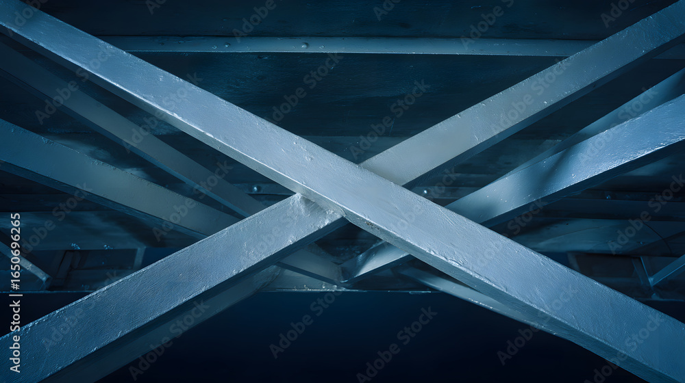 Naklejka premium Industrial metal beams forming an abstract geometric composition in a construction setting with cool steel tones.