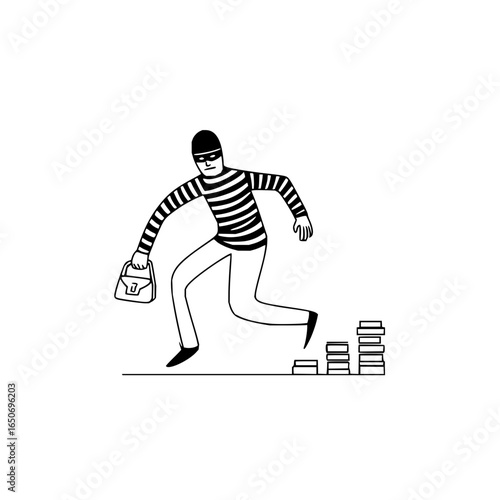 A thief in a striped shirt running away with a purse after stealing money stacked on the floor now escaping
