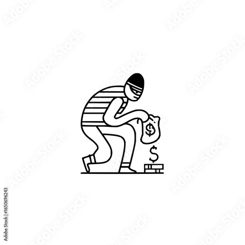 Illustration of a thief in striped shirt stealing money from a bag with dollar sign design