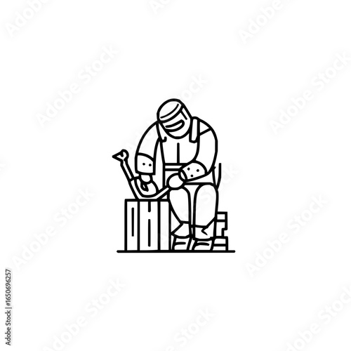 Illustration of a seated welder in protective gear holding a welding torch in a minimalist style