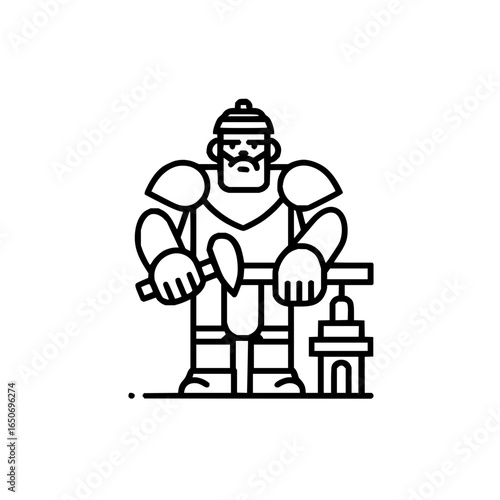 Illustration of a blacksmith in armor holding a hammer standing near an anvil in black and white line art