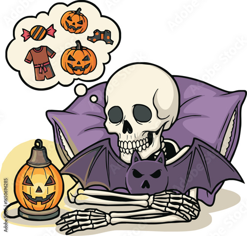 A dreaming skeleton in bed anticipates Halloween treats and costumes.