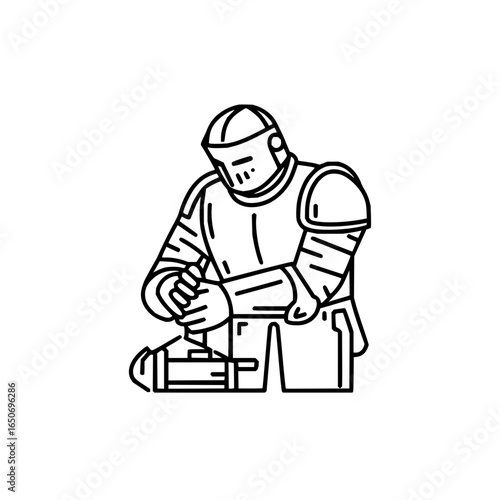 Line drawing of a knight in full armor kneeling and sharpening his sword with a whetstone tool