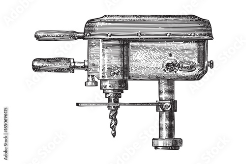 Engraving illustration of a drill press. A woodworking tool illustration. Metalworking tool engraving. Illustration of a drill for crafts.