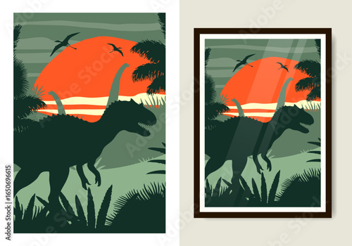 Silhouettes of allosaurus dinosaur and pterosaurs in a prehistoric jungle.Vector poster illustration with dramatic orange sun, tropical plants, and ancient creatures.