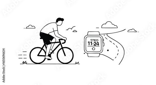 Man riding a bicycle outdoors with a wearable device tracking his progress, a simple line drawing vector illustration