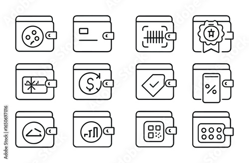 Loyalty Icons Set. Outline icon set of loyalty wallets: points icon, membership card, barcode scan, rewards