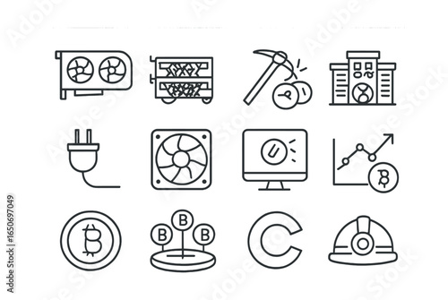 Crypto Mining Icons. Outline icon set of crypto mining: GPU, mining rig, pickaxe icon, mining farm,