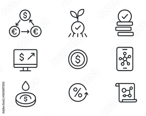 DeFi Icons Grid. Outline icon set of decentralized finance (DeFi): DEX icon, yield farming, staking, lending