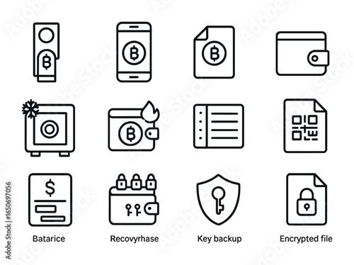 Crypto Wallet Icon Set. Outline icon set of crypto wallets: hardware wallet, mobile wallet, paper wallet,