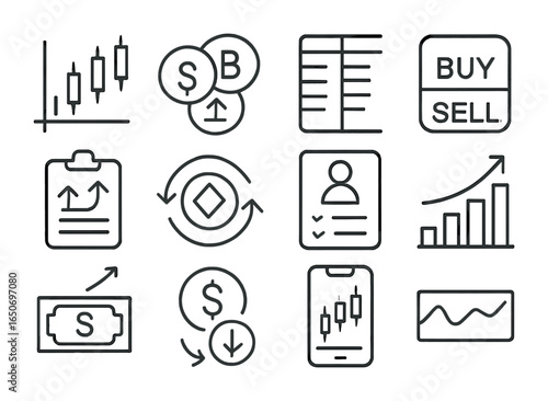 Crypto Exchange Icons. Outline icon set of crypto exchanges: trading chart, market pair, order book, buy/sell