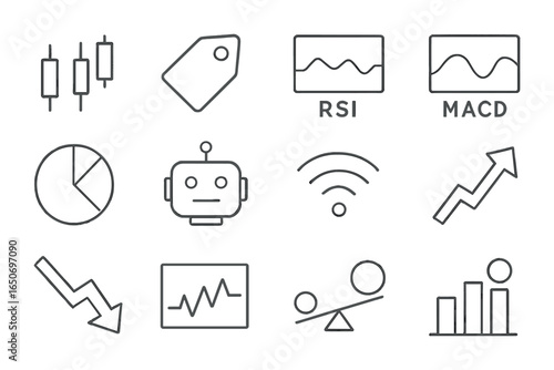Crypto Trading Icons. Outline icon set of crypto trading tools: candlestick chart, stop loss, RSI indicator,