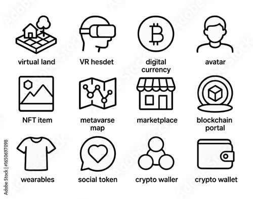 Metaverse Finance Icons. Outline icon set of metaverse finance: virtual land, VR headset, digital currency,