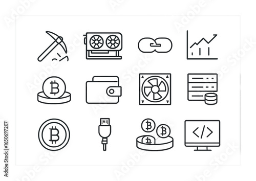 Cryptocurrency Mining Icons. Outline icon set of cryptocurrency mining: mining pickaxe, GPU rig, blockchain