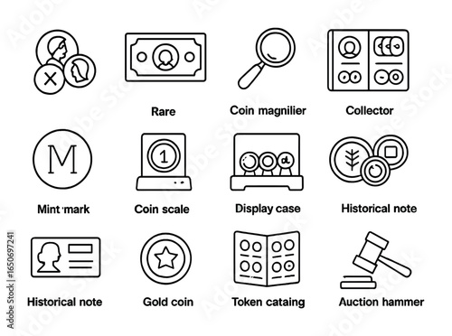 Currency Icon Collection. Outline icon set of currency collections: vintage coins, rare banknotes, coin