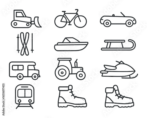 Seasonal Transport Icons. Outline icon set of seasonal transport: snowplow, bicycle, convertible, skis, boat,