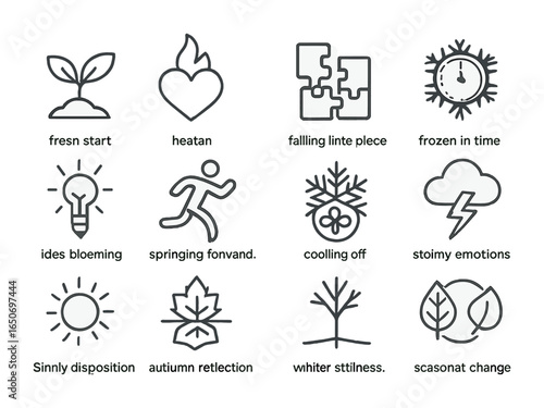Seasonal Metaphor Icons. Outline icon set of seasonal metaphors: fresh start, heat of passion, falling into