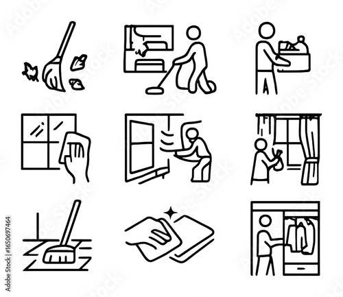 Seasonal Cleaning Icons. Outline icon set of seasonal cleaning: sweeping leaves, dusting shelves, vacuuming,