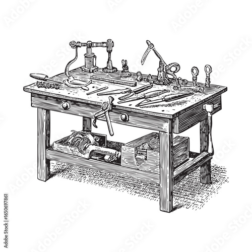 A workbench engraving illustration with tools. Includes equipment, repair, and transparent background. Great for workshop or design projects.